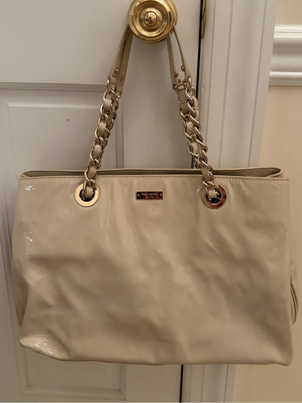 Kate Spade Cream Patent Leather Chain-Handle Tote with Gold Hardware